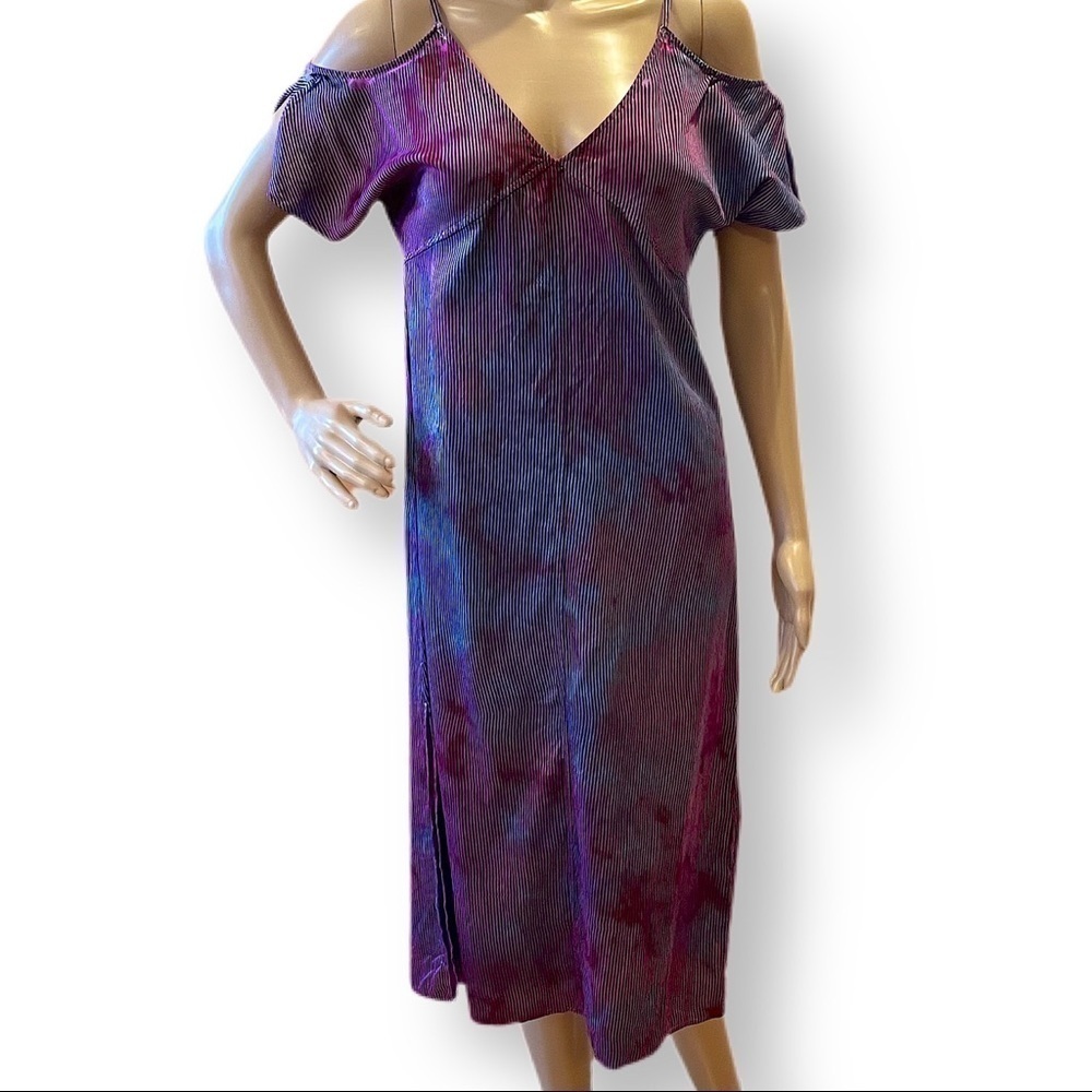 tie dye dress up cycled designer silk cold shoulder striped purple blue S
